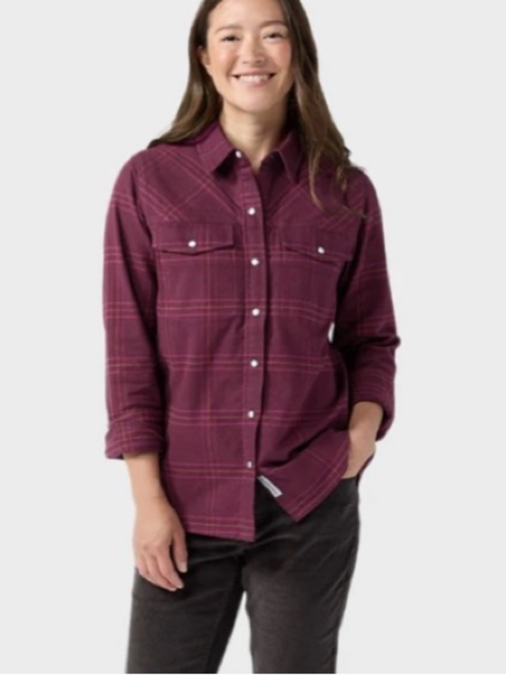Stio Slipstone Midweight Flannel Shirt Pearl Snap in Aubergine Plaid XS